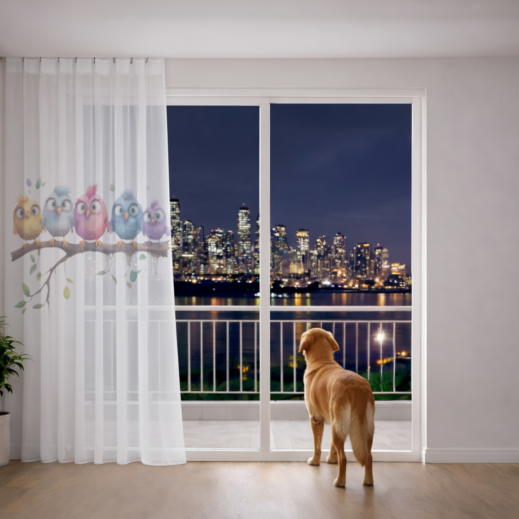 Five Colorful Kawaii Birds on Branch Sheer Curtain