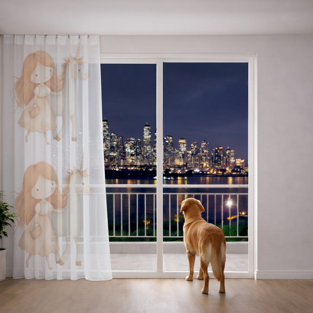 Ginger Girl with Whimsical White Unicorn Sheer Curtain