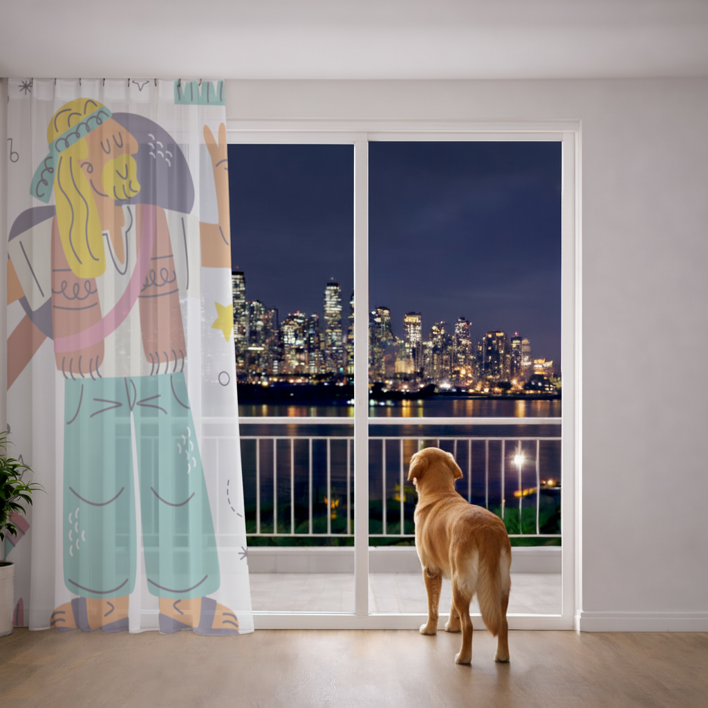 Retro Hippie Character Sheer Curtain