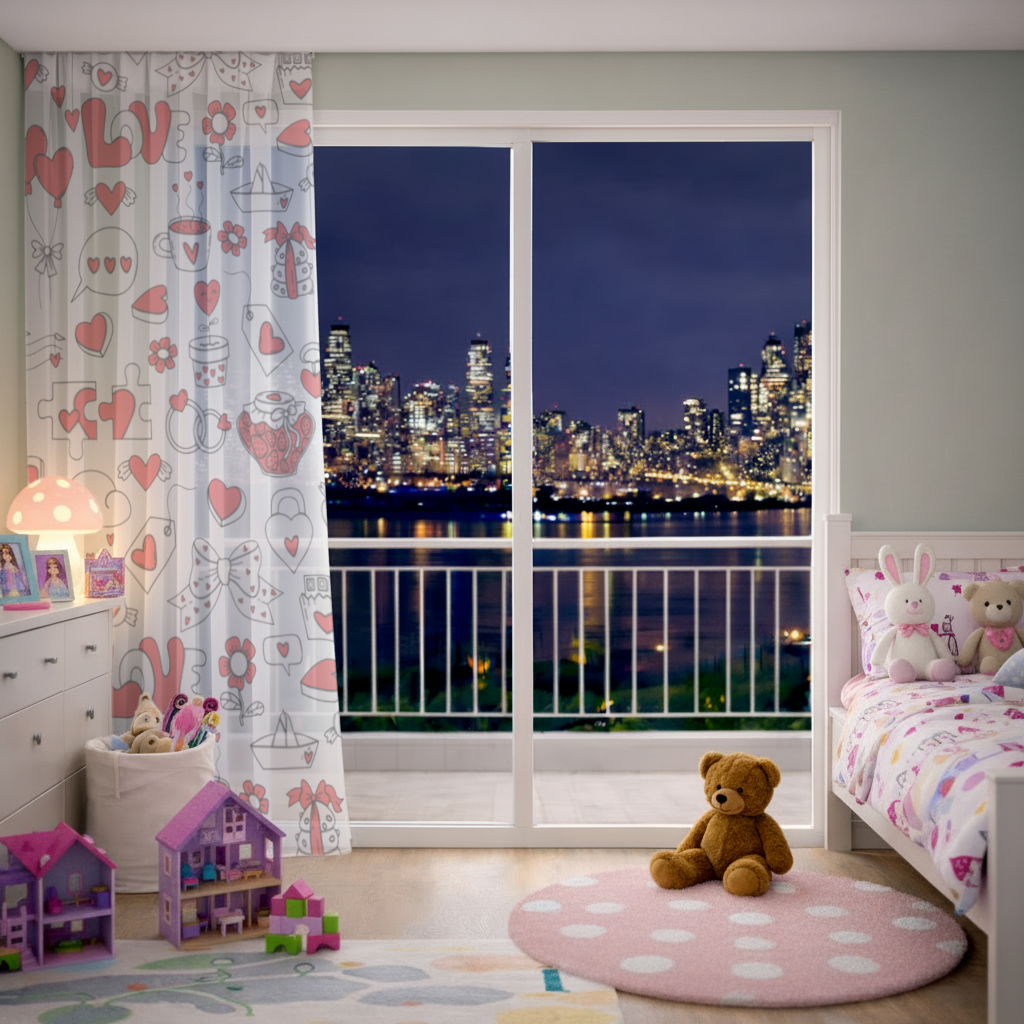 Valentines Day Doodle Love Heart Pattern Cute Design Sheer Curtain