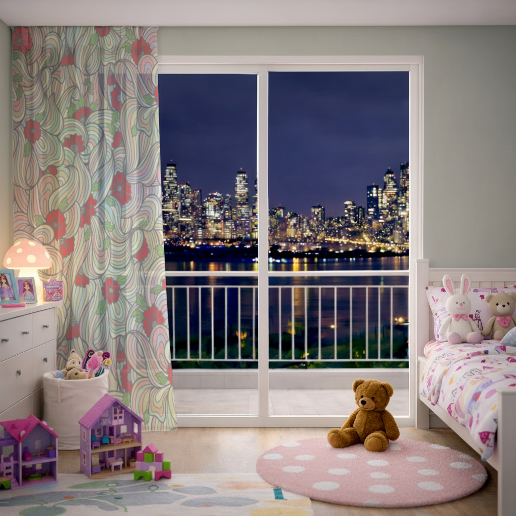 Çiçekli Retro Dalgalı Desen Tül Perde