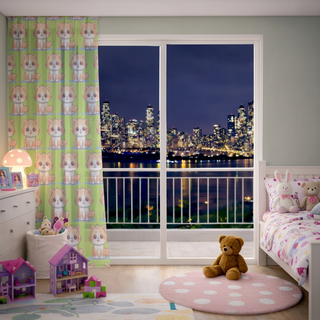 Cute Orange Cat Illustration Sheer Curtain