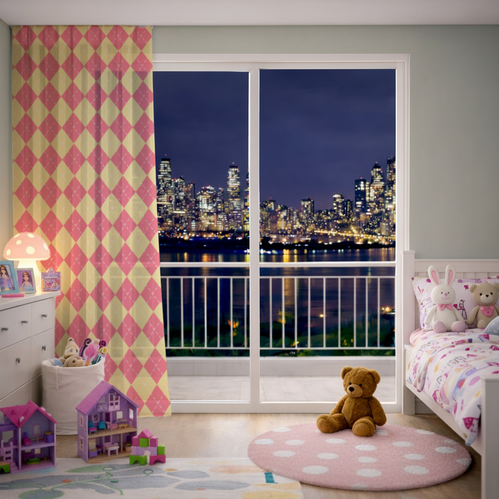Red and Yellow Argyle Geometric Pattern Background Sheer Curtain