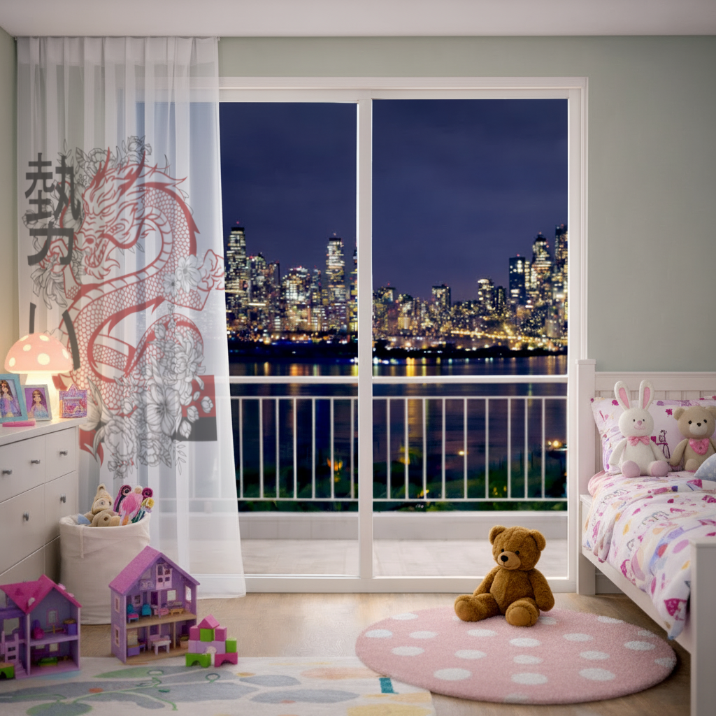 Japanese Dragon with Floral Design Sheer Curtain