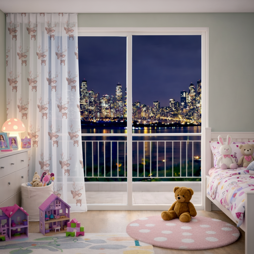 Cute Baby Deer with Floral Antlers Sheer Curtain