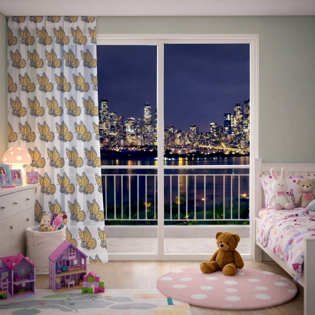 Smiling Orange Monarch Butterfly Character Sheer Curtain