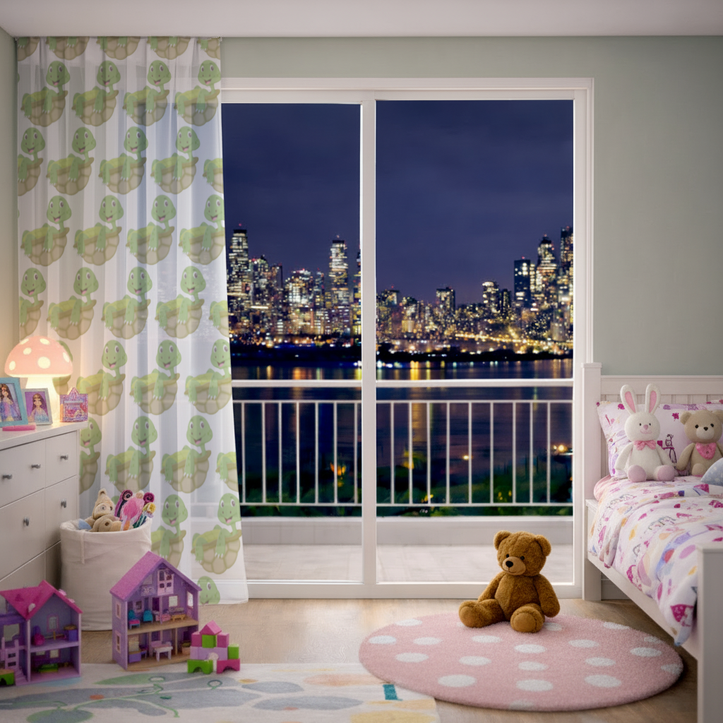 Happy Smiling Green Turtle in Shell Sheer Curtain