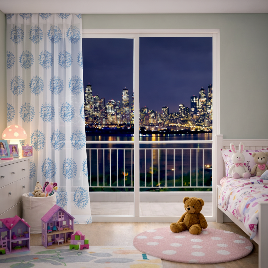 Leo Zodiac Sun and Moon Blue Motif Sheer Curtain