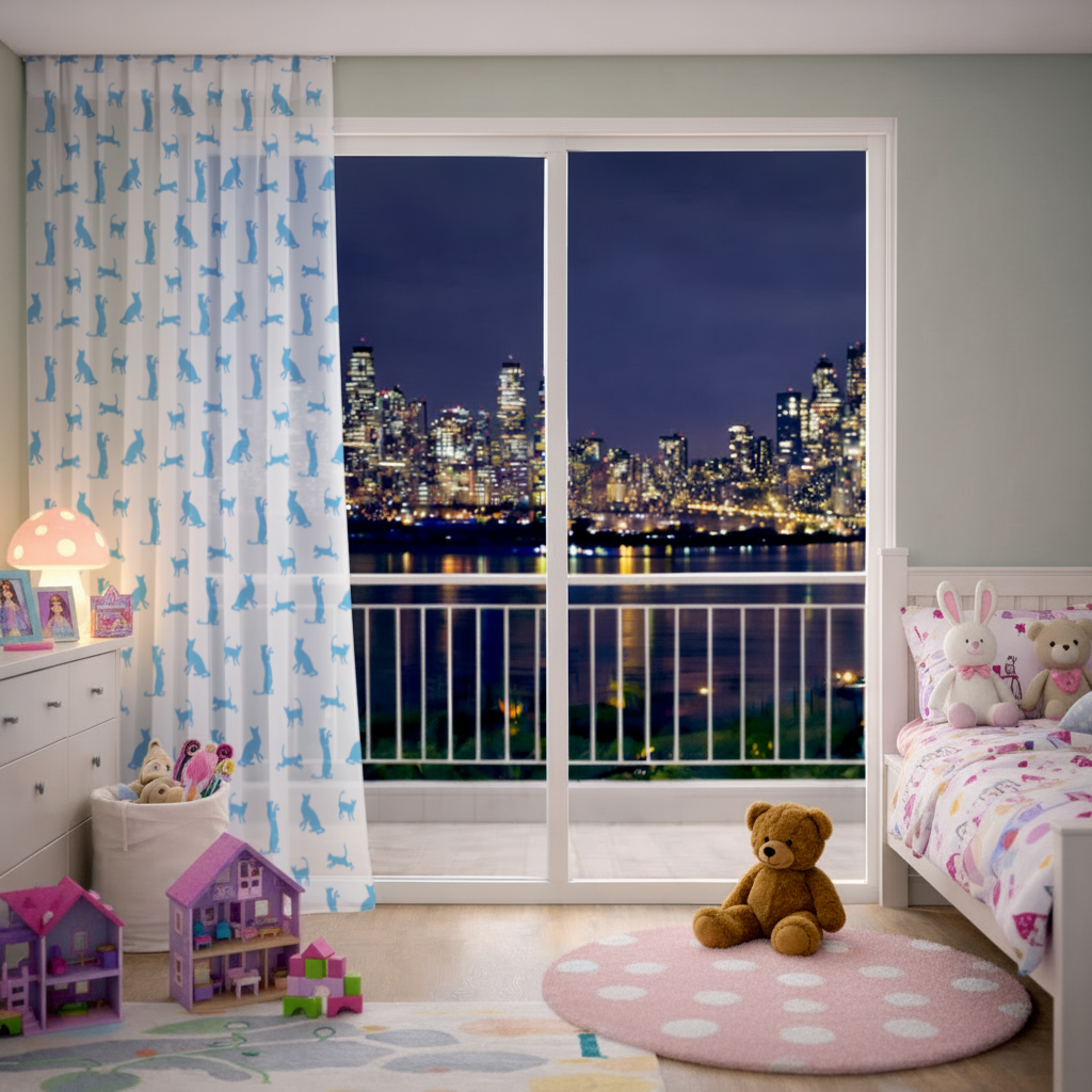 Blue Cat Silhouettes Seamless Pattern Sheer Curtain