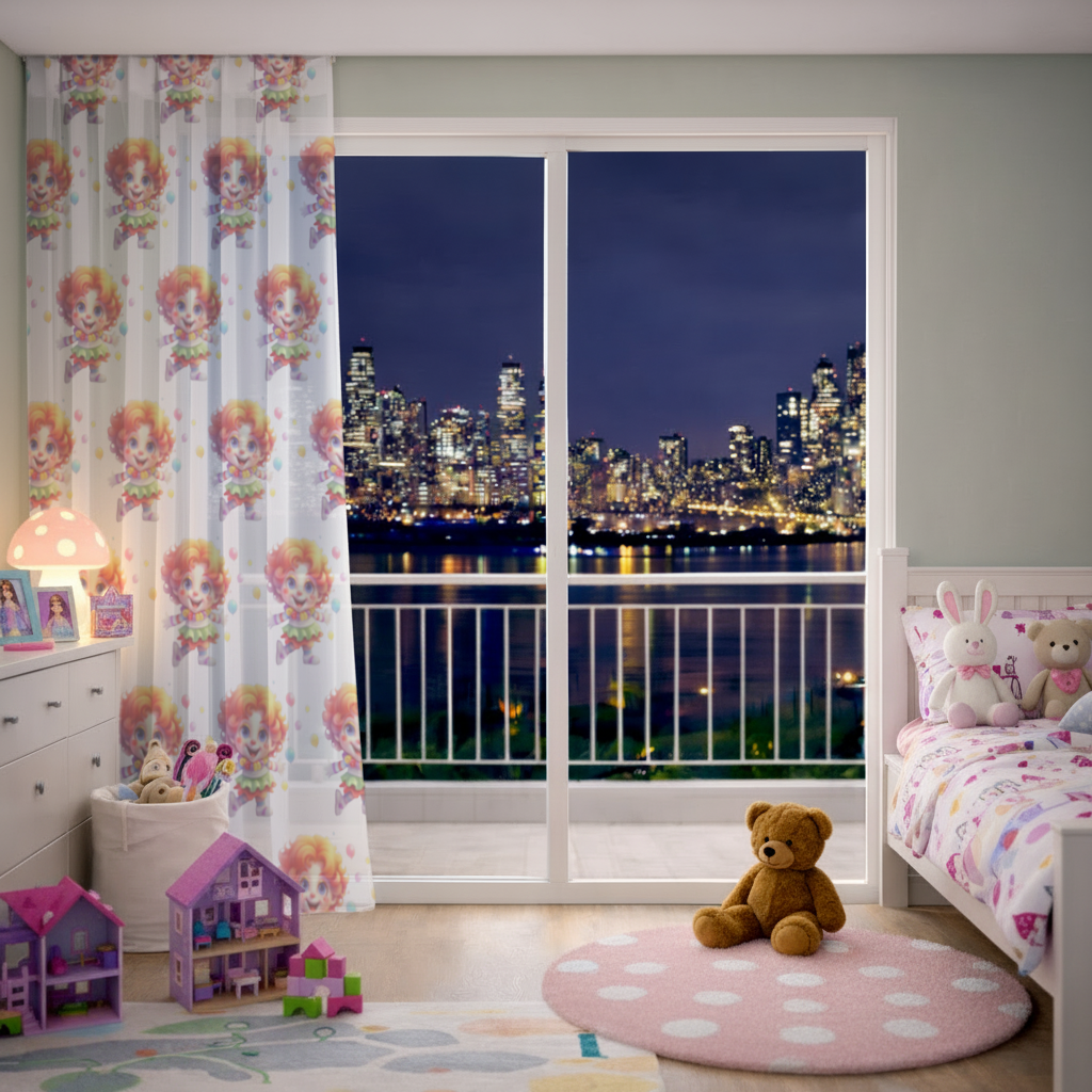 Cute Rainbow Hair Happy Clown Sheer Curtain
