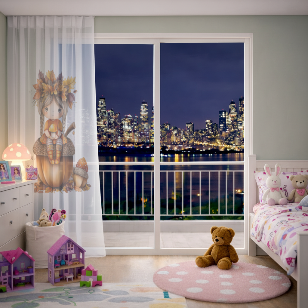 Autumn Acorn Mushroom Girl Sheer Curtain