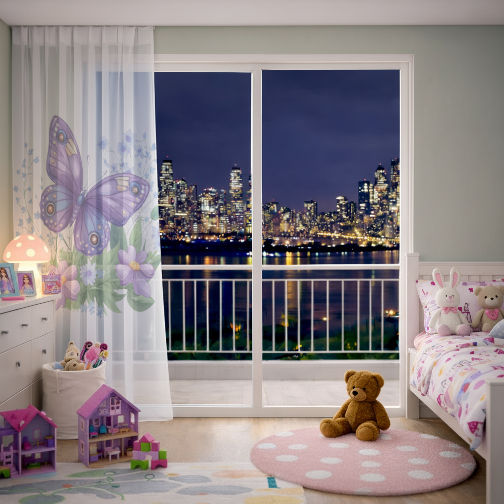 Cottagecore Purple Butterfly Floral Sheer Curtain