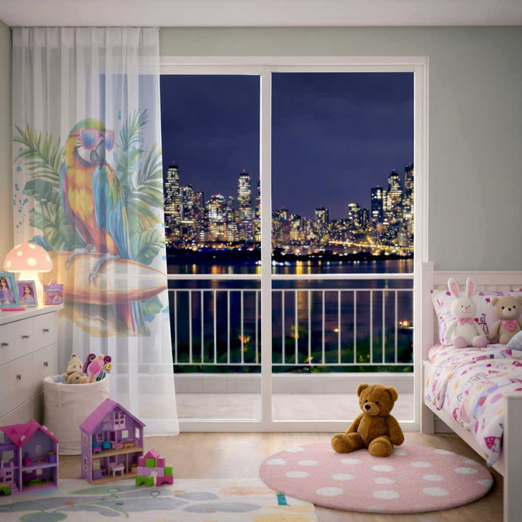 Surfing Parrot with Pink Sunglasses Sheer Curtain