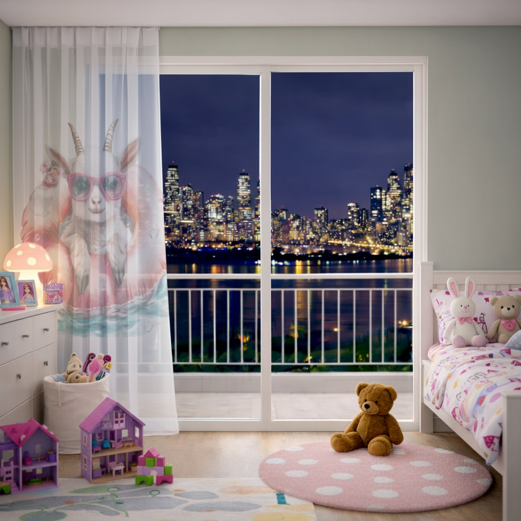 Baby Goat in Pink Pool Ring Sheer Curtain