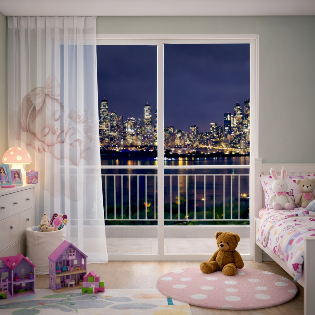 Sleeping Baby Girl with Pink Bow Sheer Curtain