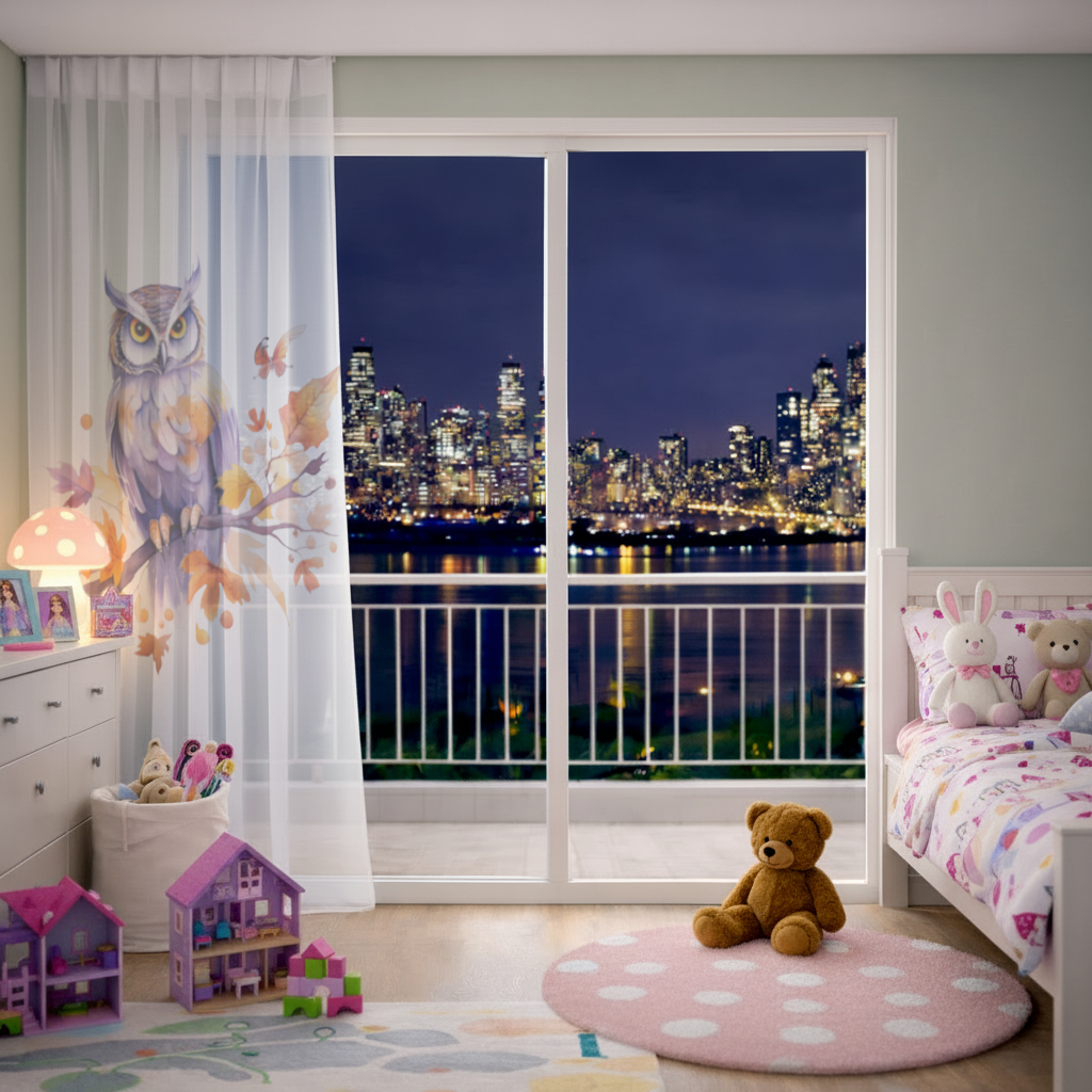 Whimsical Autumn Owl and Butterfly Sheer Curtain