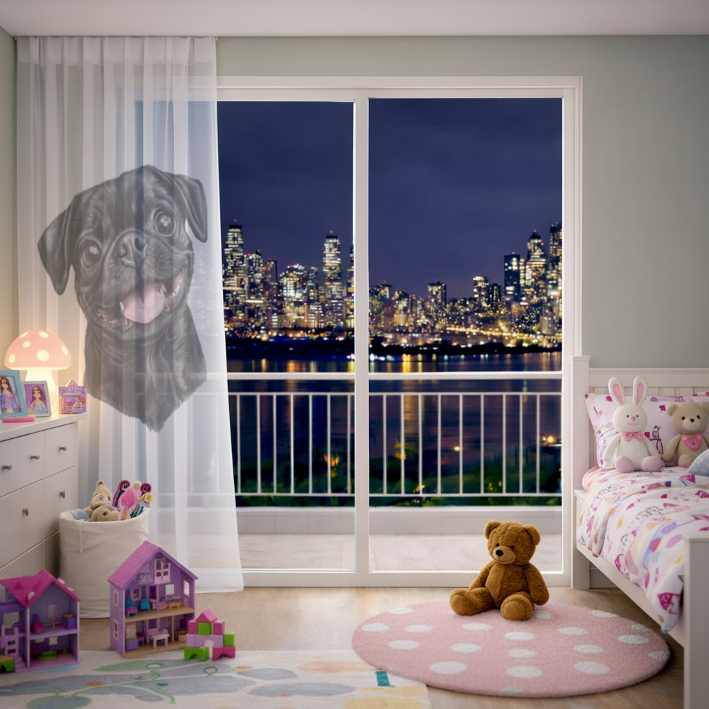 Gülümseyen Siyah Pug Köpek Tül Perde