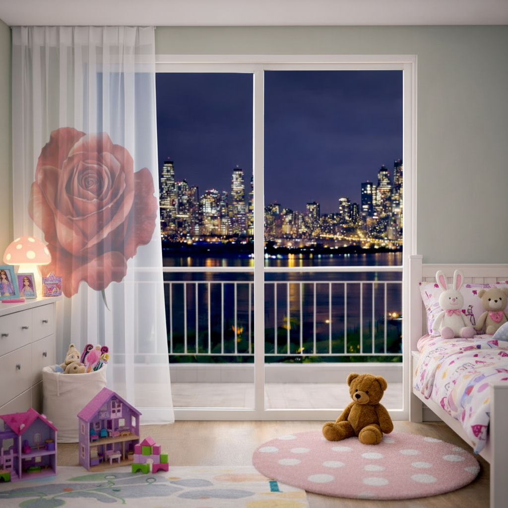Crimson Red Rose Sheer Curtain