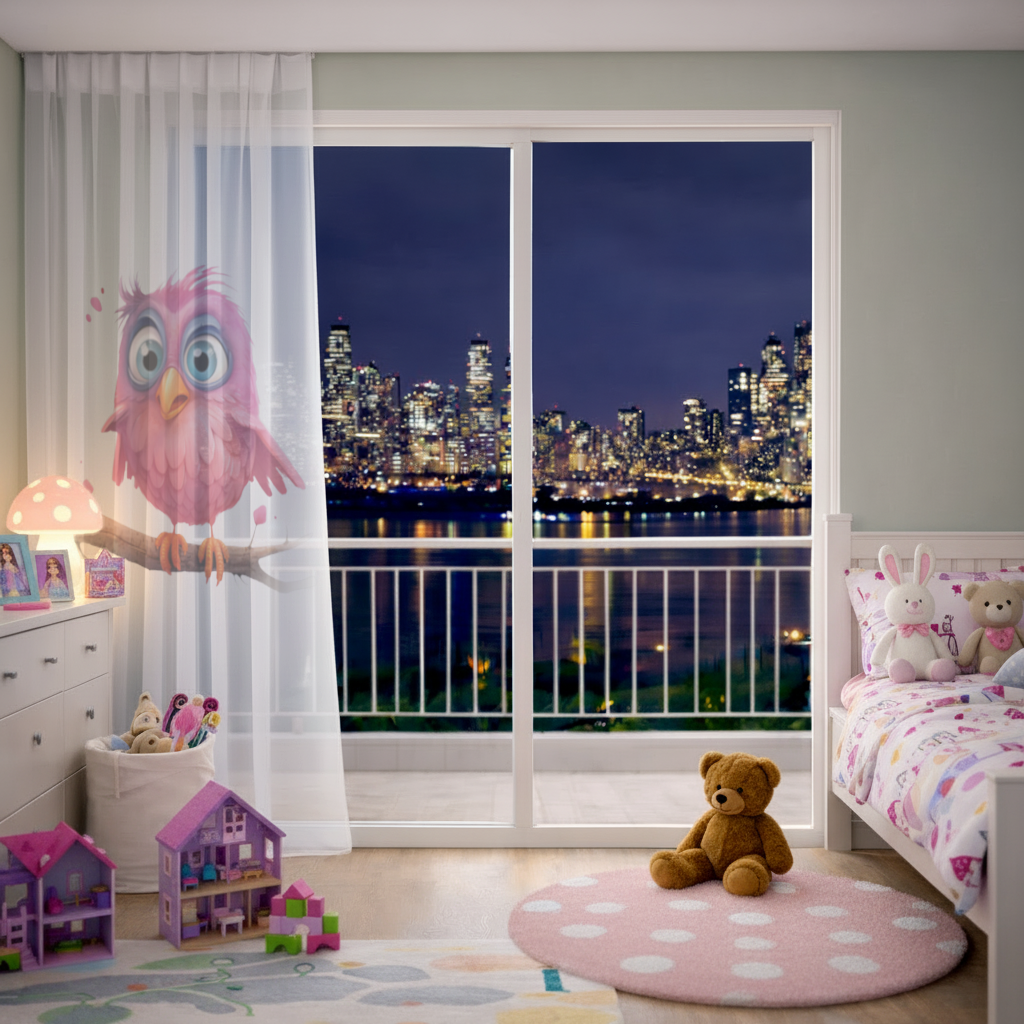 Cute Pink Bird with Large Blue Eyes Sheer Curtain
