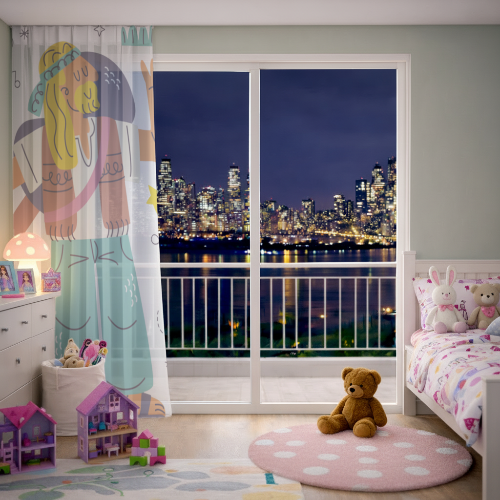 Retro Hippie Character Sheer Curtain