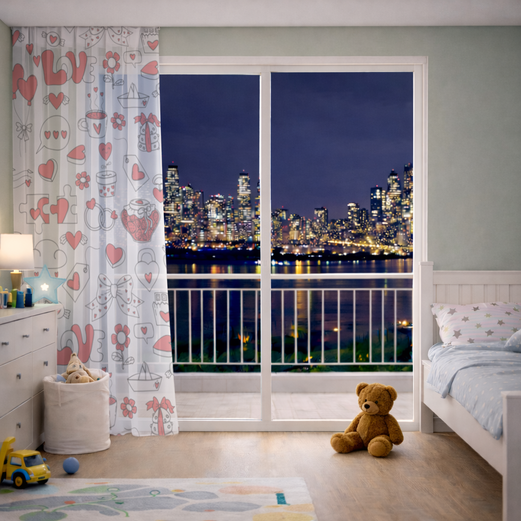 Valentines Day Doodle Love Heart Pattern Cute Design Sheer Curtain