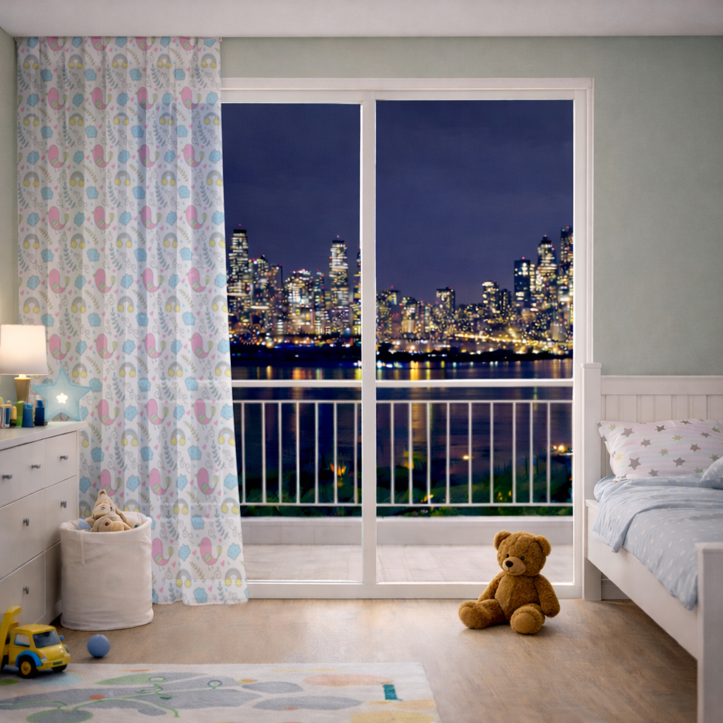Cute Pink Bird and Rainbow Kids Pattern Sheer Curtain