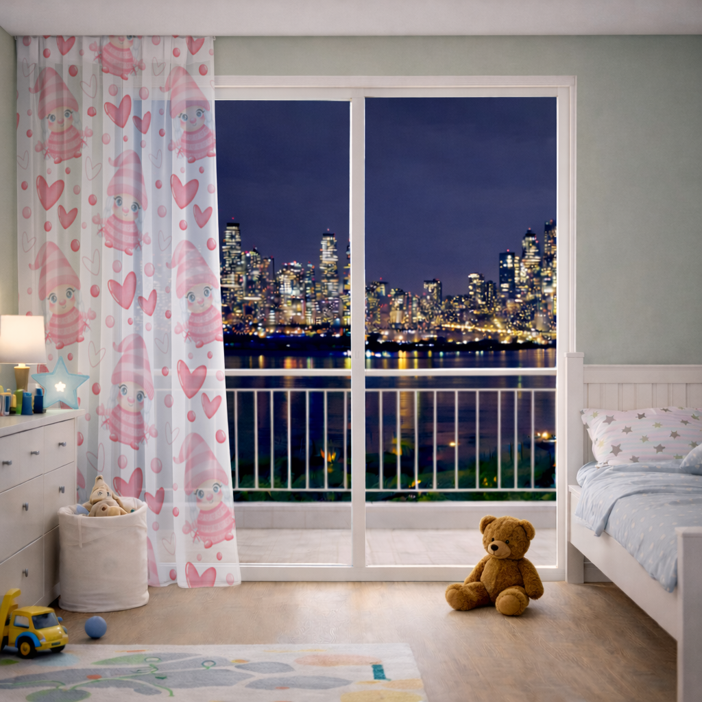 Cute Pink Baby Girl Valentines Day Heart Pattern Design Sheer Curtain