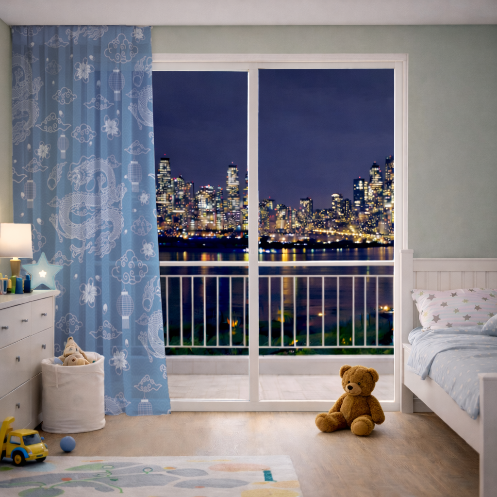 Traditional Dragon Pattern on Blue Background Sheer Curtain