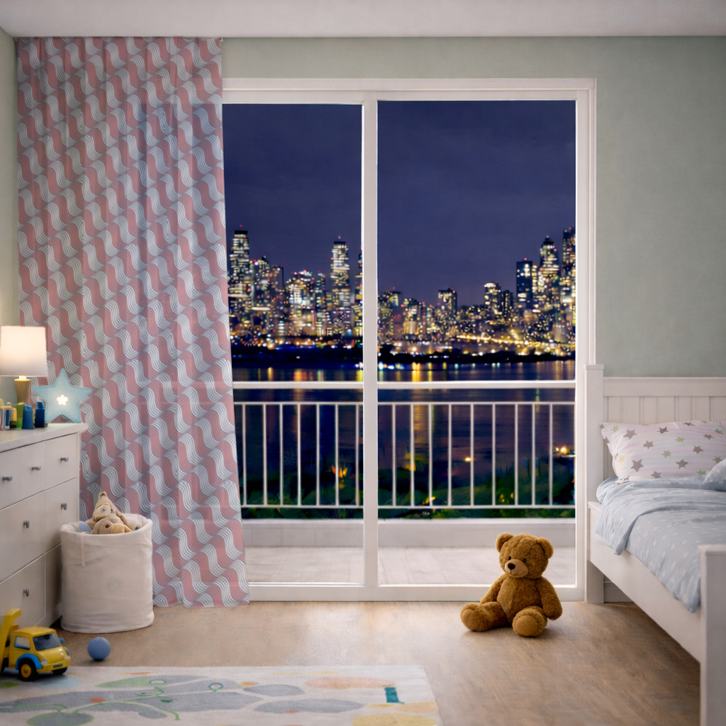 Red and Navy Wavy Line Pattern Sheer Curtain