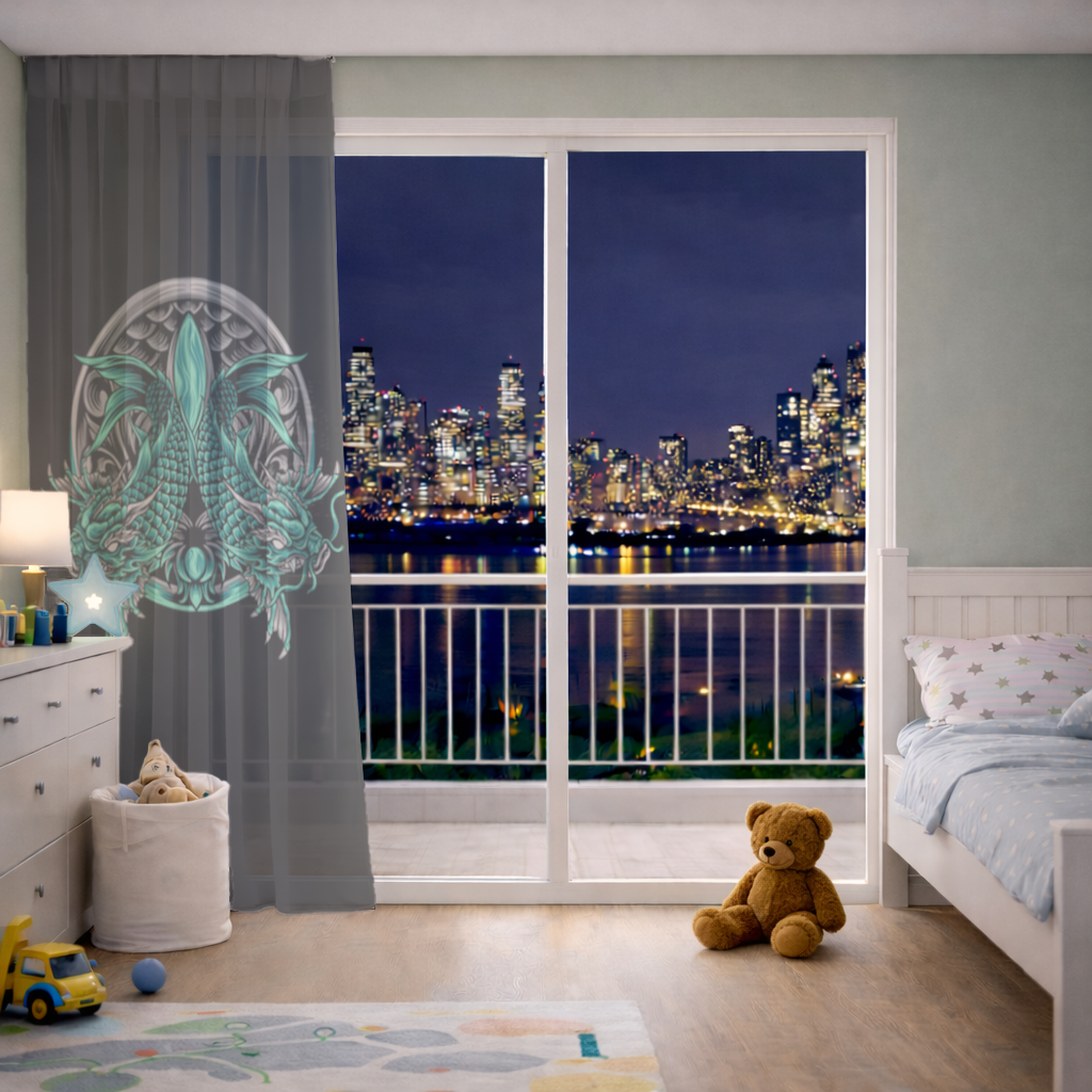 Turquoise Twin Dragon Emblem Design Sheer Curtain