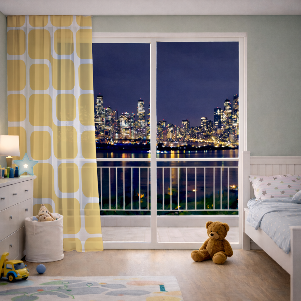 Yellow Geometric Labyrinth and Modern Abstract Pattern Sheer Curtain