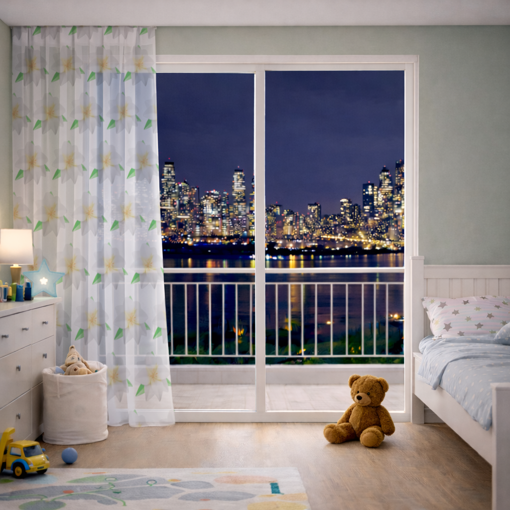 3D White Lily Flower Illustration Sheer Curtain