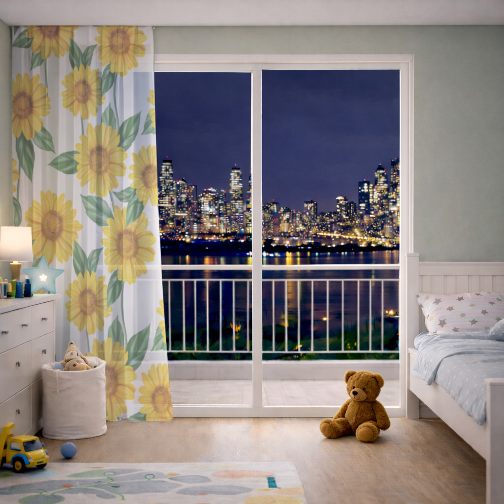 Vibrant Yellow Sunflower and Green Leaf Pattern Illustration Sheer Curtain