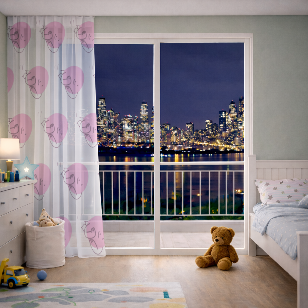 Cute Pink Lying Character Illustration Sheer Curtain