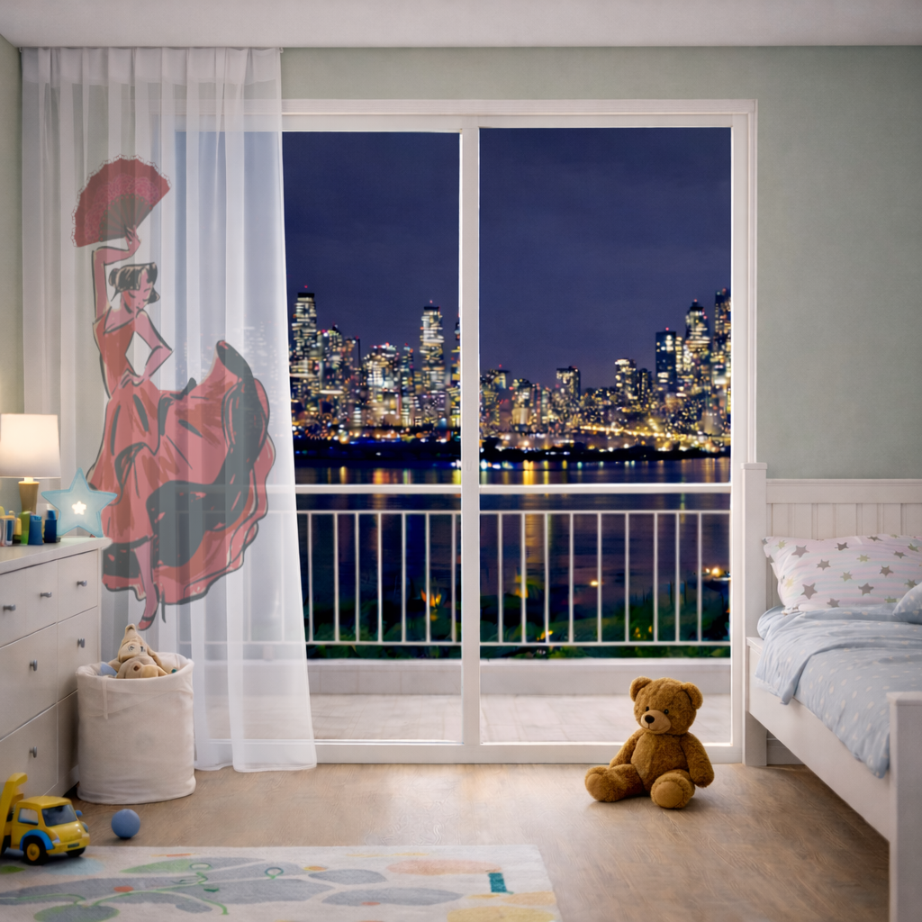 Flamenco Dancer with Fan Illustration Sheer Curtain