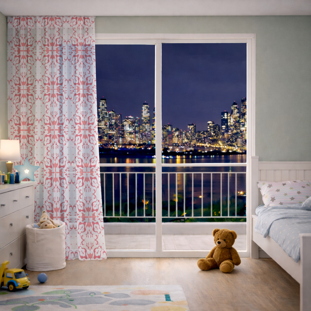 Red and White Traditional Tile Style Pattern Sheer Curtain