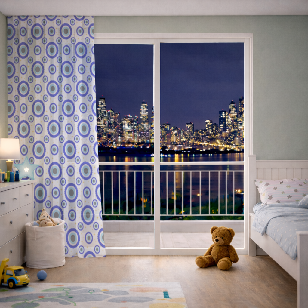 Blue Evil Eye Pattern with Stars Sheer Curtain