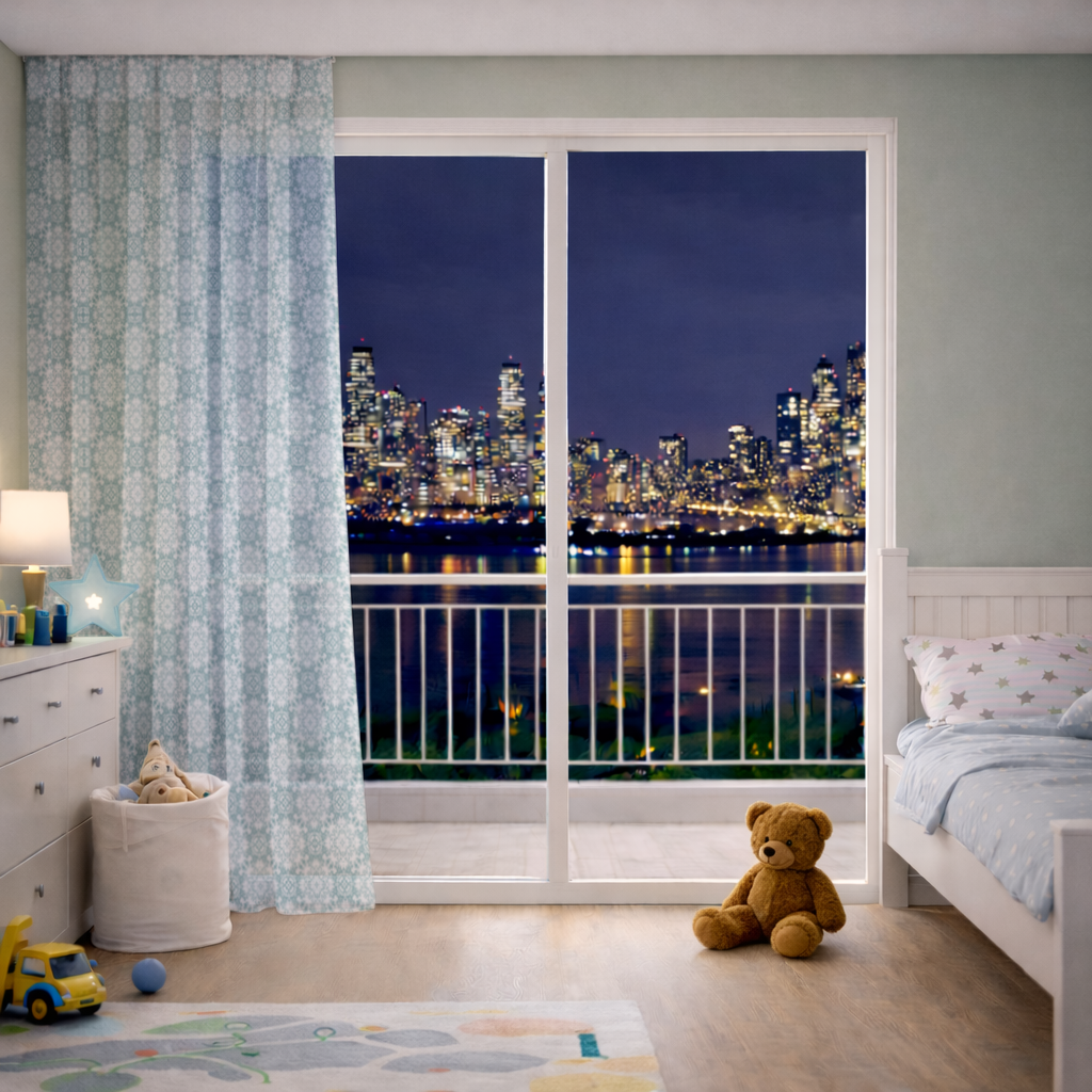 Blue Pixelated Geometric Ornament Pattern Sheer Curtain