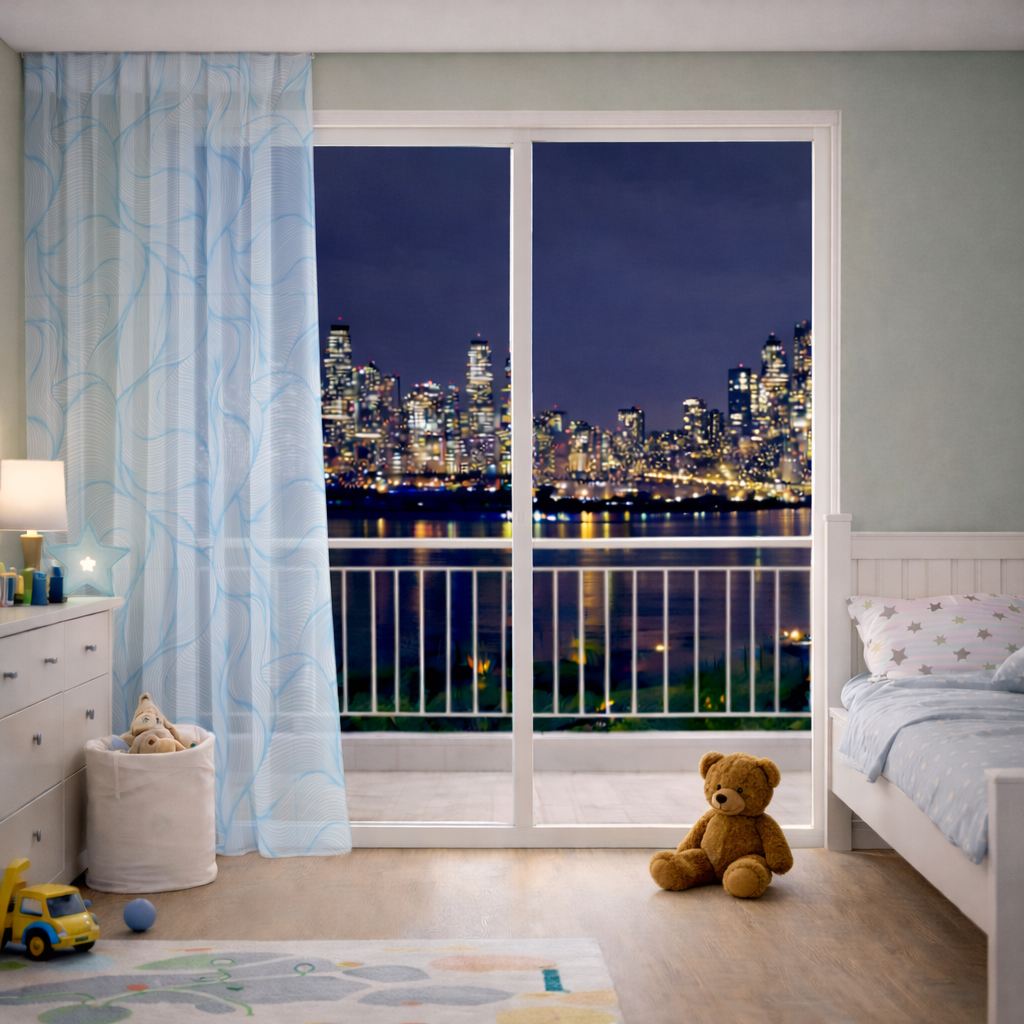 Blue Wavy Linear Abstract Pattern Sheer Curtain