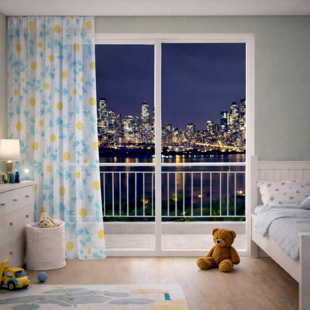 Daisy Garden and Turquoise Leaves Pattern Sheer Curtain