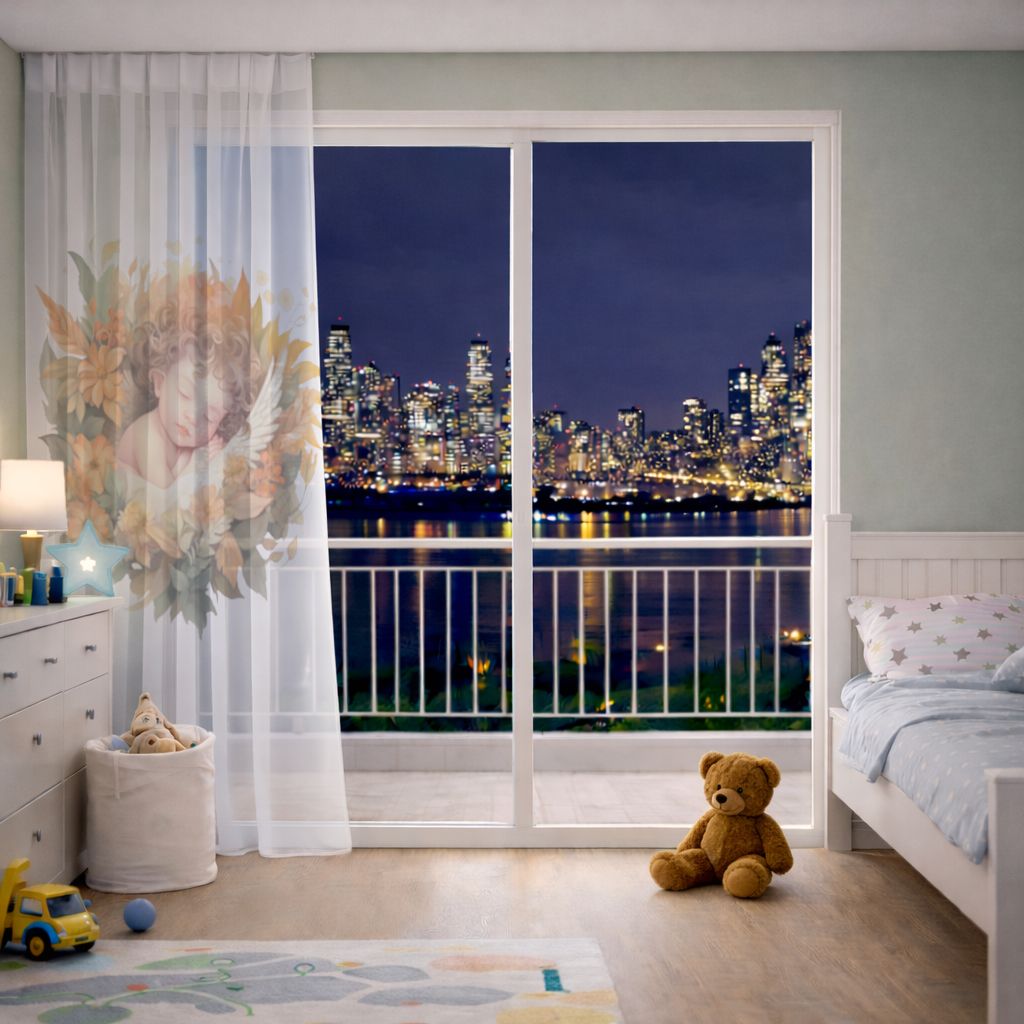 Sleeping Cherub in Cottagecore Flowers Sheer Curtain
