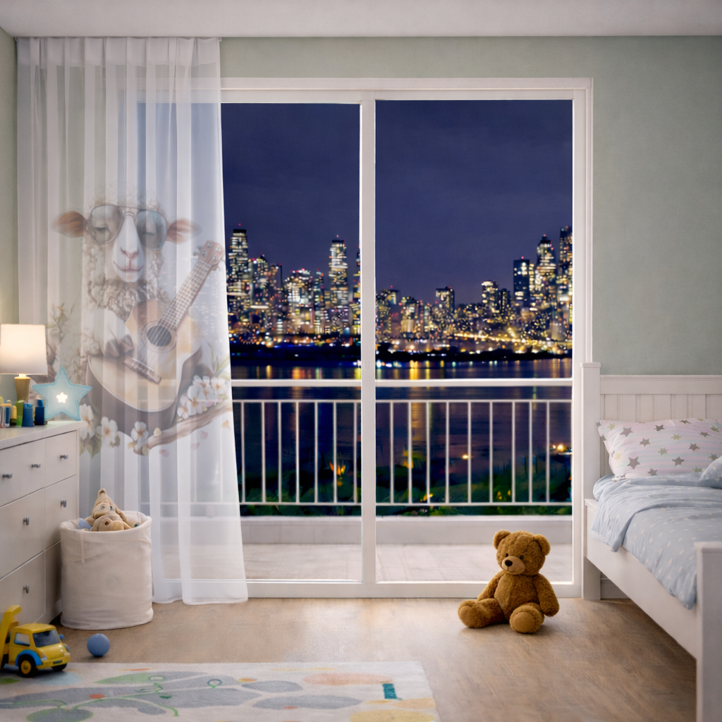 Cool Sheep Playing Ukulele with Flowers Sheer Curtain