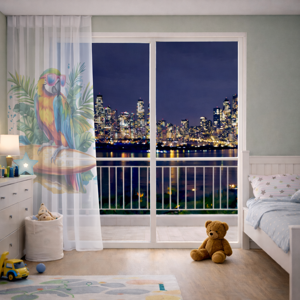 Surfing Parrot with Pink Sunglasses Sheer Curtain