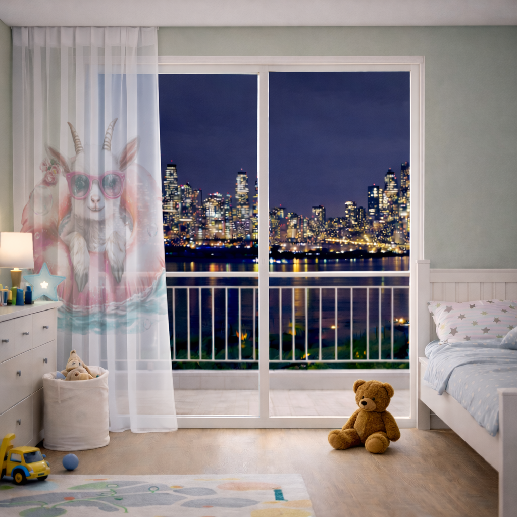 Baby Goat in Pink Pool Ring Sheer Curtain