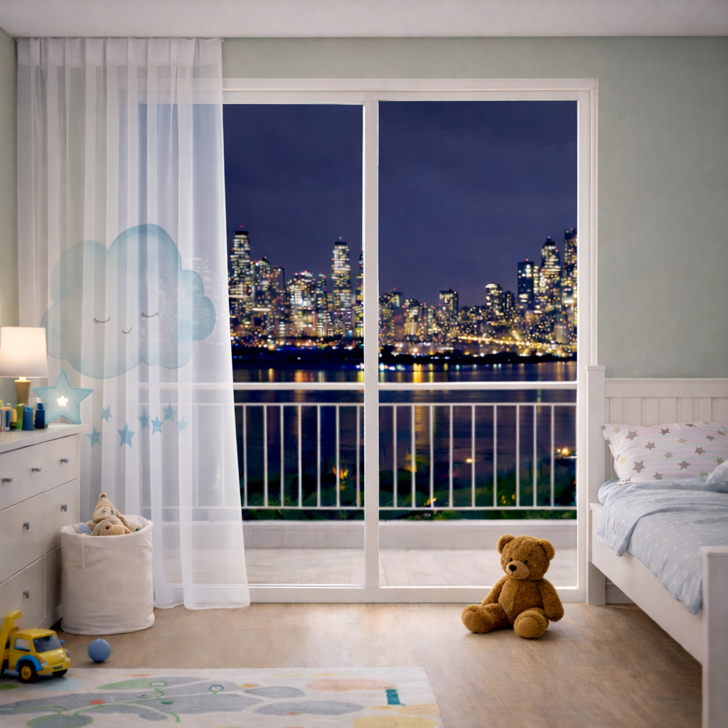 Watercolor Sleepy Cloud and Blue Stars Sheer Curtain