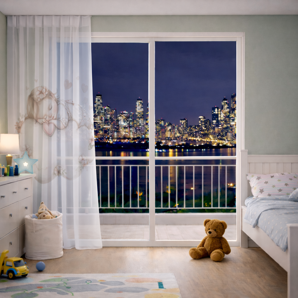 Sleeping Baby Girl on Floral Cloud Sheer Curtain
