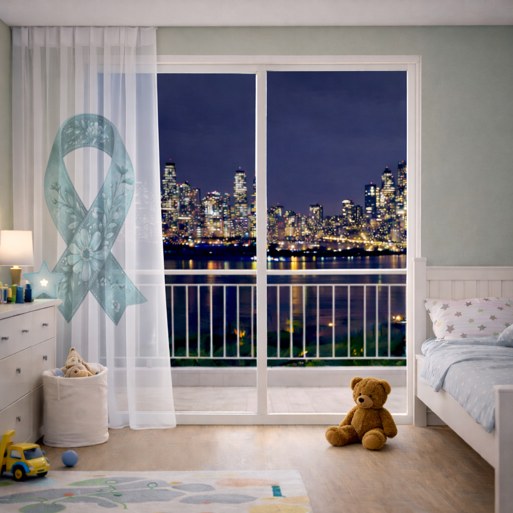 Floral Teal Awareness Ribbon Sheer Curtain
