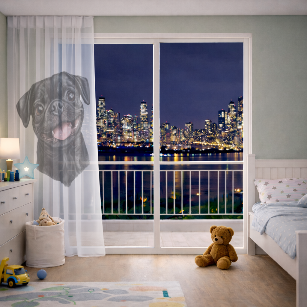 Gülümseyen Siyah Pug Köpek Tül Perde