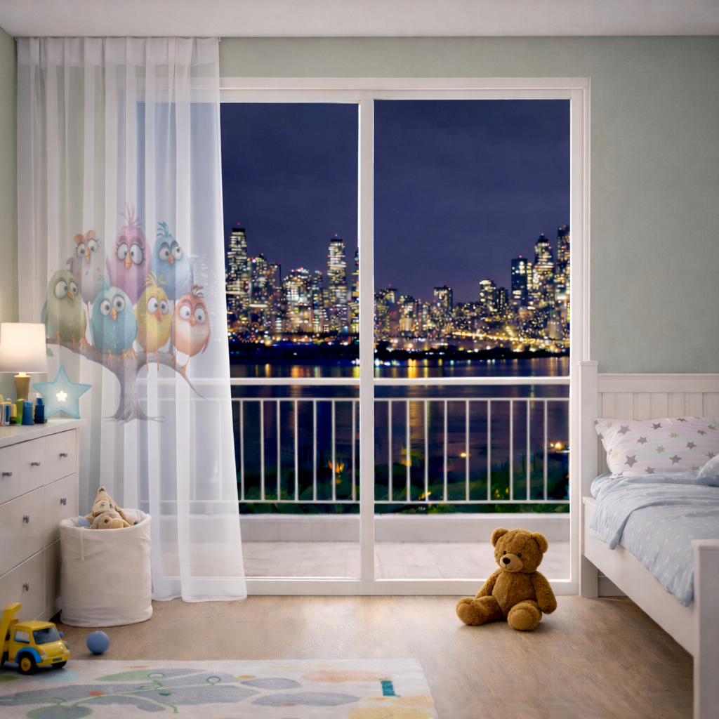 Whimsical Colorful Birds on Branch Sheer Curtain