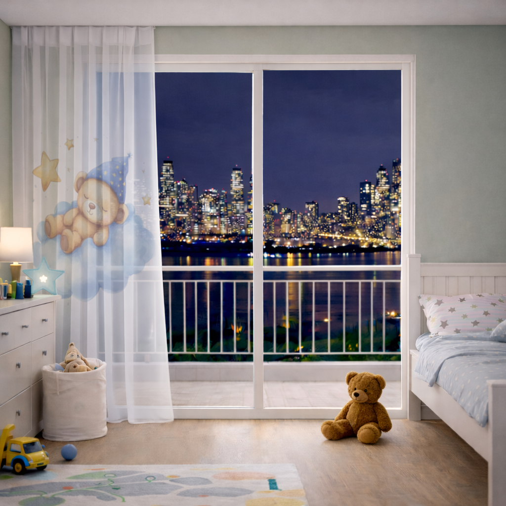 Sleeping Teddy Bear on a Cloud Sheer Curtain